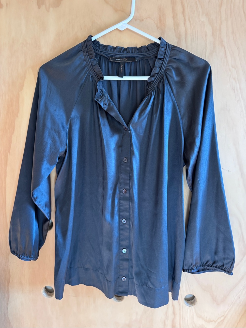 BCBGMaxAzria Black Satin Ruffled-Neck Button Blouse